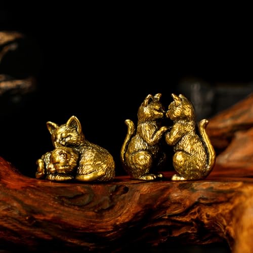 Solid Brass Cat Couple Sculpture Set - Two Style Affectionate Cat Figurines 100% Pure Brass, Handmade Vintage Collectible, Mid-Century Modern Desk Oddity for Home Office & Romantic Gift - Meditation - color: Couple Meditation Cat