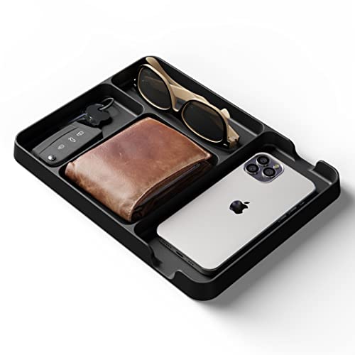 Pocket Deck Valet Tray (Black) for Men. Everyday Carry EDC Caddy Bamboo Organizer. Perfect for Night Stand, Bedside, Dresser, Desk, Office, Bedroom. with Phone Charger. Storage Slots for Wallet, Keys