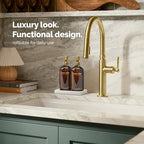 Vine Creations Amber Glass Soap Dispenser Set, Kitchen Soap Dispenser Set with Ceramic Tray, 16 oz Dish Soap and Hand Soap Dispensers with Stainless Steel Pump Decor (Amber Bottle/Brushed Brass) - color: Amber Bottle / Brushed Brass Pump