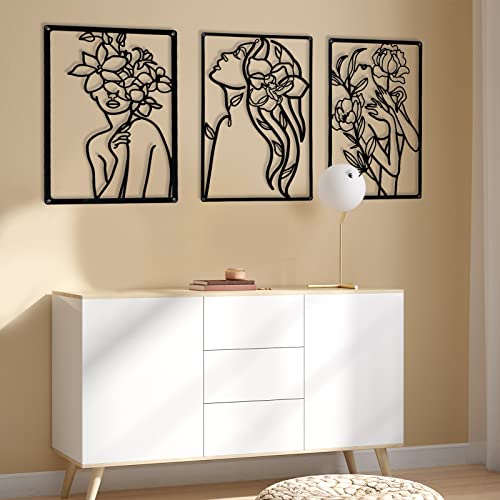 CHENGU 3 Pieces Metal Minimalist Abstract Woman Wall Art Line Drawing Wall Art Decor Single Line Female Home Hanging for Kitchen Bathroom Living Room - style: Floral Style