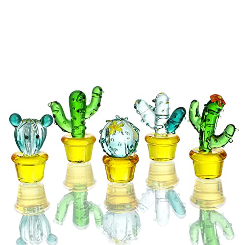 5pcs Glass Cactus Art Hand Blown Figurines Glass Miniature Cactus Simulation Desert Plants Collectibles Home Table Decoration Ornament - color: Cactus 2*