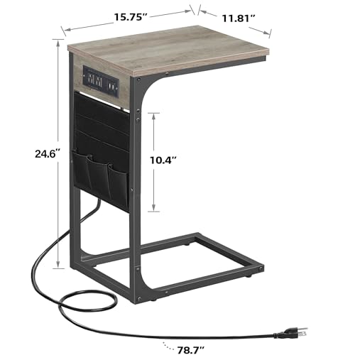 TUTOTAK C Shaped End Table with Charging Station, Side Table for Sofa, Couch Table with Storage Bag, TV Tray Table with 2 USB Ports and Outlets for Living Room, Bedroom TB01BG024 - color: Greige, size: 1 Pack (11.8"W), style: With Plug