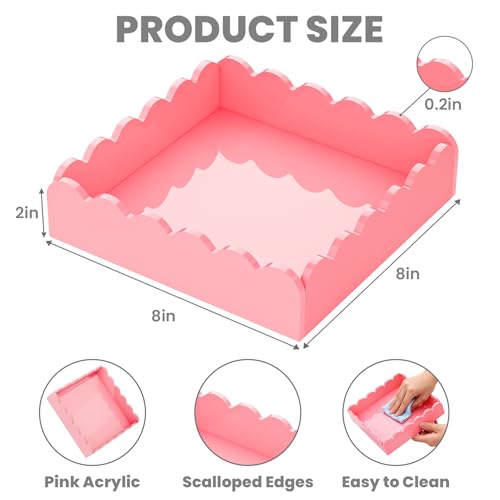Acrylic Tray, Scalloped Glossy Pink Acrylic Decorative Tray for Home Decor, 8x8 Inch Acrylic Organizer Tray for Vanity Countertop Makeup Skincare Square Acrylic Storage Tray (Square Pink)