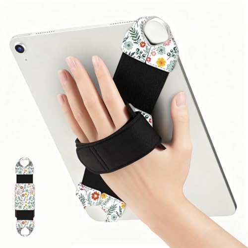 FINTIE Universal Tablet Hand Strap Holder for 9-11 Inch Tablets eReaders, 360 Degrees Swivel PU Leather Secure Portable Adjustable Handle Grip for iPad, Galaxy Tab and 9-11" Tablets (Spring Bloom) - color: Spring Bloom