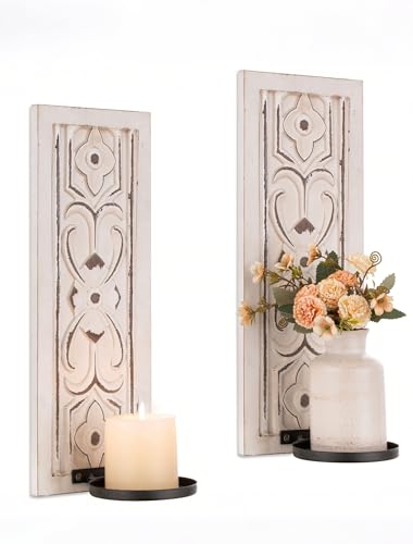 Rustic Candle Sconces Wall Decor Set of 2 - White Farmhouse Art Distressed Thickened Candles Shelf for Bathroom Bedroom Fireplace - Wood Wall Candle Holders for Pillar Candles Plants - color: Distressed White
