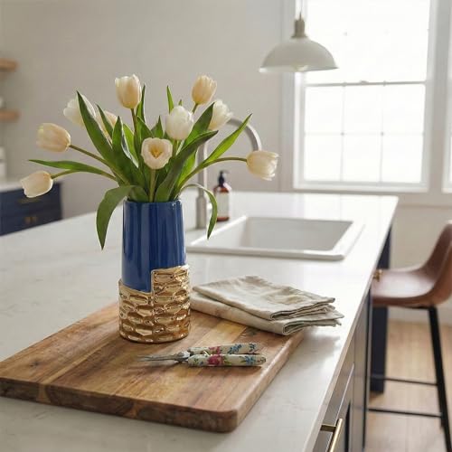 LCCCK 7.0" Gold Hammered Vase Home Decor, Elegant Ceramic Blue and Gold Flower Vase for Pampas Grass Decorative, Boho Small Cylinder Vases Centerpiece, Dining Table Living Room Jarrones Art - color: Blue and Gold