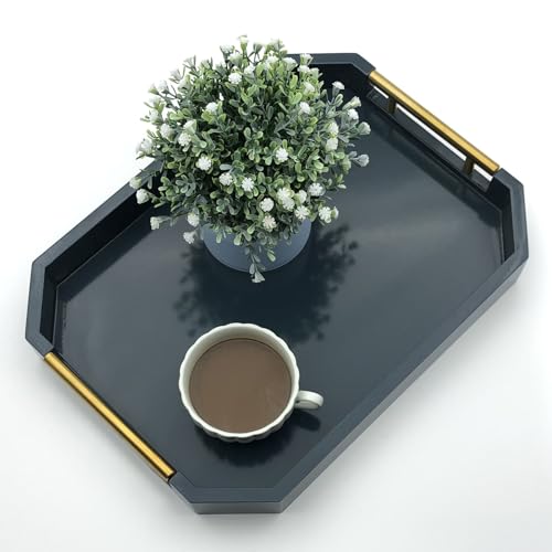 Serving Tray with Polished Metal Handles, Hexagon Coffee Table Tray, Modern Rectangle Decorative Tray, Large Ottoman Tray, Perfect for Storage and Display (Blue Rectangle) - color: Blue Rectangle