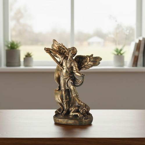 St. Michael the Archangel Statue – Bronze Finish Resin San Miguel Sculpture, Powerful Religious Decor for Home, Altar, or Prayer Room – 7.5 Inch Catholic Saint Michael Figurine - size: 5.32 x 2.36 x 7.48 inches