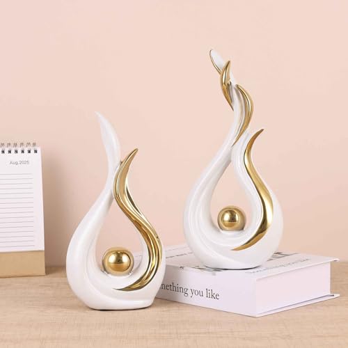 2PCS White and Gold Abstract Ceramic Sculptures – Modern Home Decor Accents and Centerpieces for Coffee Table, Shelf, Dining Room, Kitchen, Tv Stand, Entryway Or Desktop Display