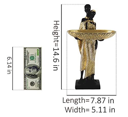 Lescafita Handmade African Couple Sculpture - Gold Tribal Standing Figure with 7.8" Basket, Resin Home Decor for Shelves/Tables, Cultural Gift for Small Items (14.5" H) - color: 310-gold