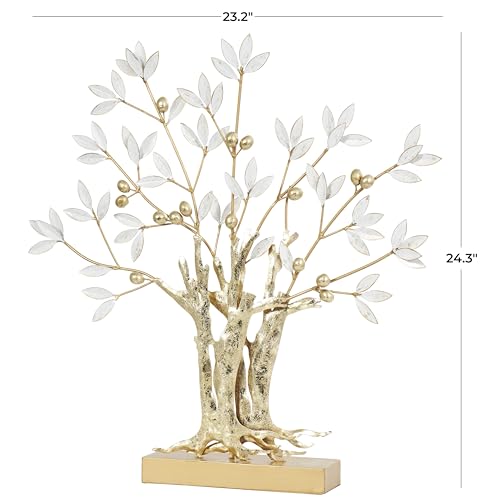 Deco 79 Metal Tree Decorative Sculpture Metallic Home Decor Statue with White Leaves, Accent Figurine 23" x 3" x 24", Gold