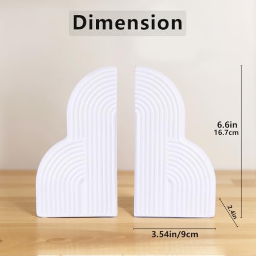 Decorative Bookends for Shelves Set of 2 – Heavy Duty White Resin Bookends, Boho Aesthetic Minimalist Geometric Book Ends, Modern Book Stoppers for Heavy Books, Office Desk, Home or Library Decor - color: White