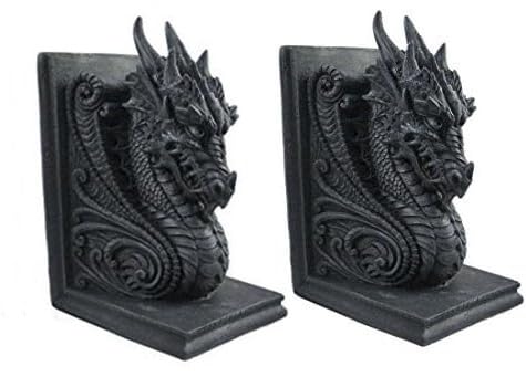 Bellaa 25617 Dragon Bookends Gothic Midieval Castle Mystic Decorative Retro Vintage Book Ends Holder Heavy Stoppers Bookshelf Books Shelves Library Shelf Dividers - color: Black