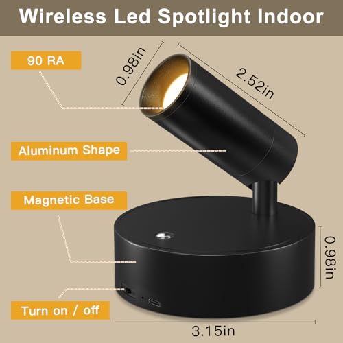 Kimjo Spot Lights Indoor, 4000mAh Rechargeable Battery LED Spotlight Indoor with Remote, Wireless Picture Lights with Timer Dimmable, Uplighting for Plant, Wall Art Display - color: Black