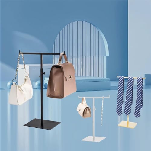 Purse Display Stand T Shaped, Countertop Jewelry/Scarf/Handbag T-Bar Display Stand, Tabletop Double Hook Hanging Stands for Long Necklaces, Metal with Adjustable Height - Black - color: Black