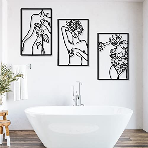 CHENGU 3 Pieces Metal Minimalist Abstract Woman Wall Art Line Drawing Wall Art Decor Single Line Female Home Hanging for Kitchen Bathroom Living Room - style: Body with Flower