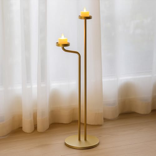 Smtyle Gold Standing Candelabra, Dual-Tier Sculptural Metal Floor Candle Holders for Wedding, Home Decor, Holiday, and Birthday Party