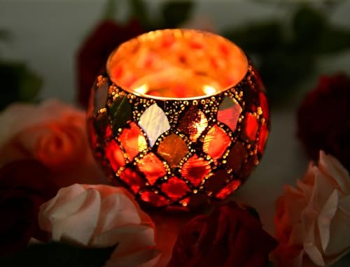 Votive Candle Holder Tea Lights - Glass Candle Holders, Mosaic Tealight Candle Holder, Candle Jar Cup for Wedding Centerpiece Party Table Decorations, Valentines Day Decor - color: A - a - Red