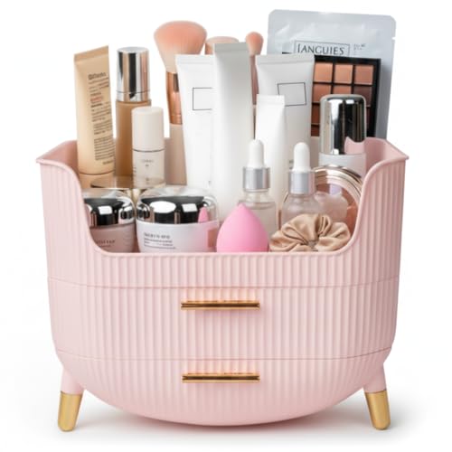 HALAFE Makeup Organizer with Drawers, Skincare Storage Box for Vanity, Multiple Compartments, Portable Cosmetic Display Case with Handle, Large Make up Organizers for Dresser, Bathroom, Bedroom, Pink - color: Pink
