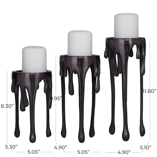 CosmoLiving by Cosmopolitan Aluminum Metal Decorative Candle Holder Pillar Candle Stand with Dripping Melting Designed Legs, Set of 3 Candlestick Holder 12", 10", 8"H, Black - color: Black
