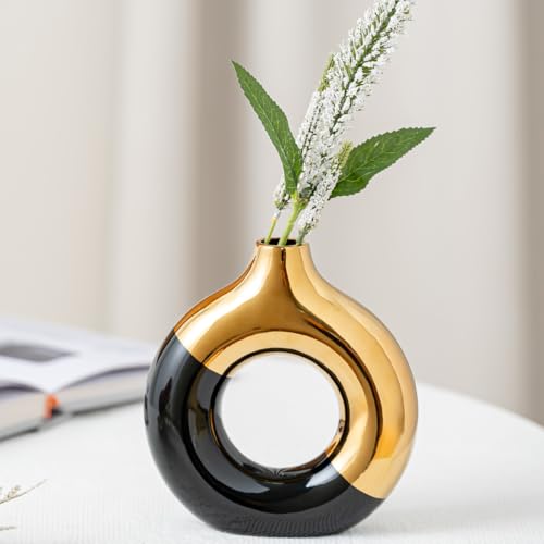 White and Gold Donut Vase, Modern Ceramic Vase for Pampas Grass, Perfect Centerpiece for Weddings, Living Room, and Office Decor (Black Gold, L) - color: Black Gold, size: Large