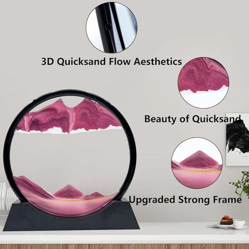 AzureLeap Moving Sand Art Liquid Motion, 3D Deep Sea Sandscape Color Quicksand Decor, Round Glass Moving Sand Art Picture Relaxing Desktop Home Office Work Decor (12 inch-Pink) - color: Pink, size: 12 Inch