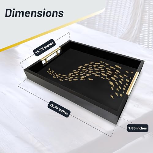 Black Serving Tray with School of Golden Fish Design Gothic Ottoman Tray, Tea and Coffee Table Tray, Jewelry Bathroom Organizer, Gift, Gloss Finish - style: Art Deco