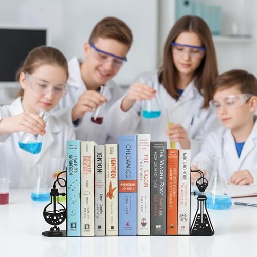 Chemistry Metal Bookends for Shelves, Experimental Bookends Decor for Chemistry Classroom Laboratory Bookshelf, Ideal Chemistry Gift for Nerds Chemistry Teachers Friends Professors Graduates Scientist - color: Black Chemistry
