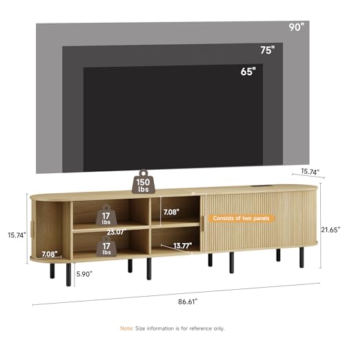86.6" TV Stand with Power Outlet, Mid-Century Modern Television Stand, Fluted Media Console with Sliding Doors, Entertainment Center for TVs up to 90 Inch, Adjustable Shelves, Oak - color: Oak, size: 86.6 Inch