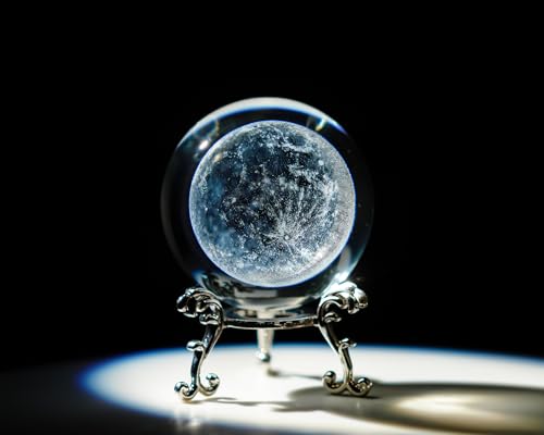 H&D HYALINE & DORA 70mm (2.75 Inch) 3D Laser Moon Crystal Glass Ball Paperweight with Metal Stand Home Decoration Collectible Gift - color: 70mm Moon
