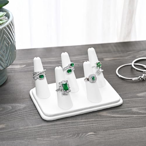 MOOCA Deluxe Leatherette 2 Pcs Set 5-Ring Organizer for Showcase Display Ring Finger Holder Jewelry Display Stands Jewelry Storage, White PU Leatherette, 5 1/4 W x 3 5/8 D x 2 3/8 H inch - color: White Faux Leather, 5 Rings x 2