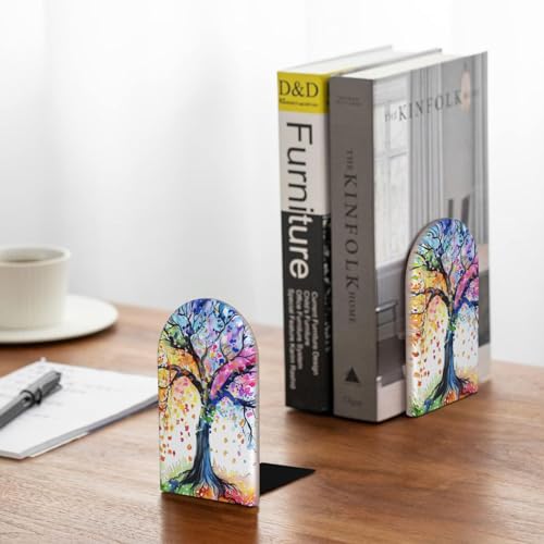 Decorative Bookends 2 Pcs Spring Summer Fall Winter Tree Wood Bookends for Shelves Heavy Books Kids Non-Skid Book Ends Stoppers for Office Desk Kitchen School - color: Spring Summer Fall Winter Tree
