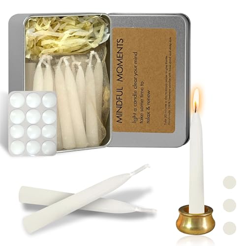 Mini Taper Candle Meditation Candles,White 20 Minute Prayer Candlestick Dripless Beeswax Candles with Brass Candle Holder for Yoga & Spiritual Rituals,30-WHI - color: MCBEE30PC-WHITE