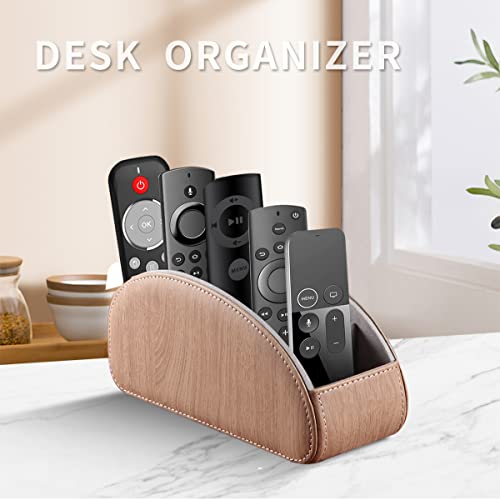 YAPISHI All-in-One Leather TV Remote Control Holder With 5 Compartments Nightstand Desktop DVD Media Player Remote Caddy Storage Box Organizer Tray For Makeup Brush Pen Stationary Table Controllers - color: Khaki, size: Small