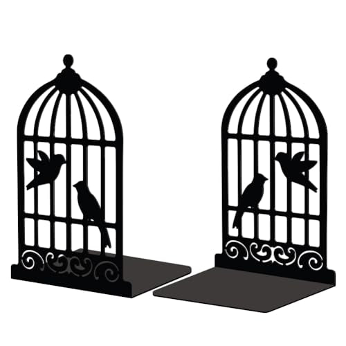 Peacoblue Metal Bookends for Shelves, Modern Decorative Heavy Duty Study Book Support Stoppers for Office, Desk, Shelf, Room 5.3"x4.3"x7.9" Cast Iron Simple Tall Bookends, 1 Pair (Birdcage and Bird) - color: Birdcage and Bird
