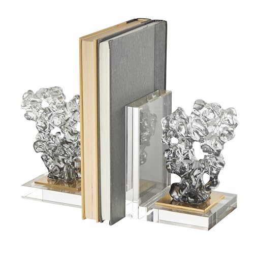 Deco 79 Glass Handmade Decorative Bookends Freeform Non Skid Bookends with Clear Gold Supports, Set of 2 Office Bookends5 W, 6" H, Clear - size: 5"W, 6"H
