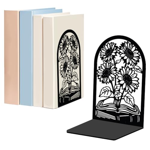 WADORN 1 Pair Sunflower Metal Decorative Bookend for Shelves, Heavy Duty Book Ends Modern Non-Skid Books Holder Stand Black Book Support Stoppers for Desk Bookshelf Office Home, 5.3x4.3x7.8 Inches - color: Sunflower