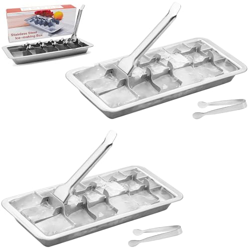 Stainless Steel Ice Cube Trays with Tweezers, Easy-Release Lever Handle, Durable Metal Ice Cube Trays for Freezer, Ideal for Whiskey, Cocktails & Drinks (2 Pack) - color: 18-Cube Ice Tray - Pack of 2