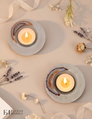 Tealight Candle Holders Set of 2 – Handcrafted Natural Marble Tea Light & Votive Holders, Decorative Stone Candle Holder Pair for Home Décor, Dining Table, Coffee Table & Wedding Decor - color: White Onyx, size: 3" Inches