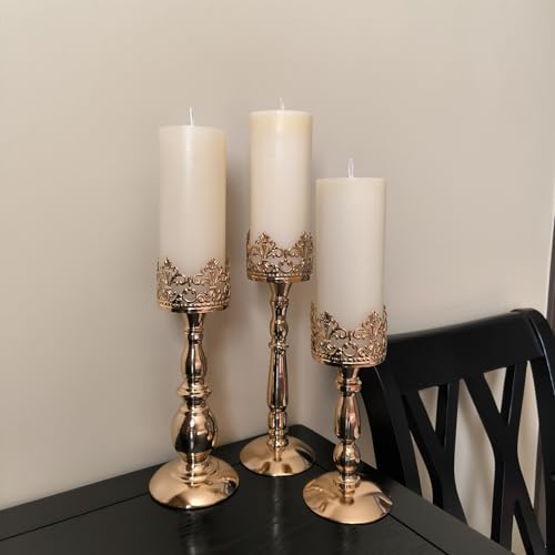 Candle Holders for Pillar Candles Set of 3 Gold Vintage Tall Candle Holders Decorative Large Table Centerpieces Candle Stand Decor - color: Gold