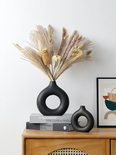 Modern Donut-Shaped Decorative Vases, Handmade Minimalist Boho ins Style, Modern Vase for Home Decor for Wedding Dinner Table Party Living Room Office Bedroom (Black, Large + Small) - color: Black, size: Large + Small