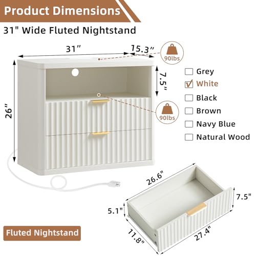 LEYAOYAO 31" Wide Fluted Nightstand with Charging Station, Oversized Extra Large 2 Drawers Night Stand,White Wood Bedside Table,Tall Bed Side End Tables,Modern Chest of Drawers Dressers for Bedroom - color: White, size: 2 Drawers