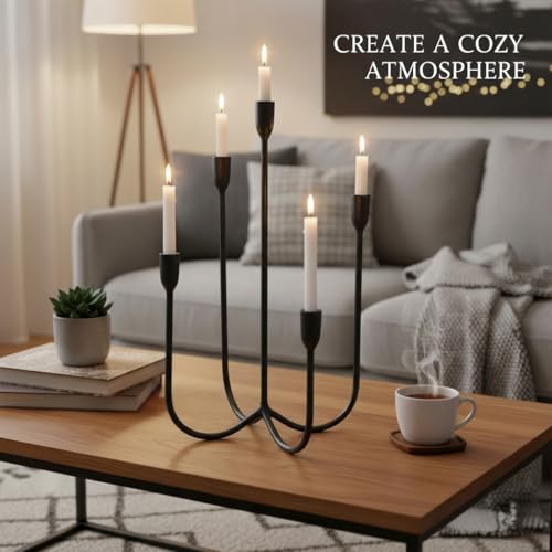 Candelabra for 5 Taper Candles – Hand-Forged Candle Holder with Elegant Vintage Finish – Decorative Centerpiece for Dining Room, Living Room or Mantel Decor（Black） - color: Black