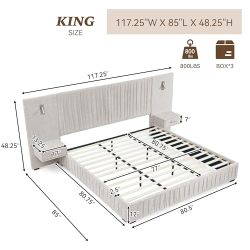 Luxury King Size Bed Frame with Oversized Upholstered Headboard, Modern Chenille Upholstered Platform Bed Frame with Gold LED Lights, Nightstands, No Box Spring Needed, Beige - color: Beige, size: King
