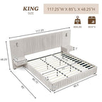 Luxury King Size Bed Frame with Oversized Upholstered Headboard, Modern Chenille Upholstered Platform Bed Frame with Gold LED Lights, Nightstands, No Box Spring Needed, Beige - color: Beige, size: King