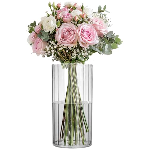 Flower Vase Acrylic Cylinder,7.86" Tall Ribbed Clear Vase for Centerpieces,Wedding Decorative,Home Décor, Non Breakable Plastic, 3.94"X7.86" Tall Round - Clear - size: 3.94" x 7.86"