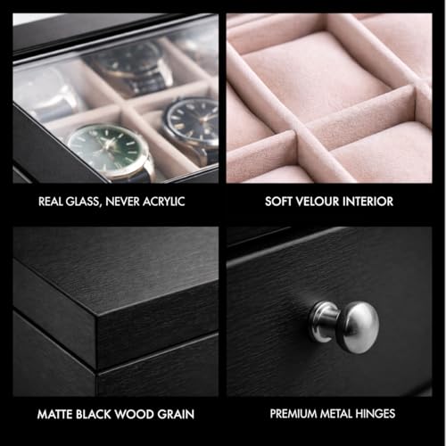 Bey-Berk Custom Personalized Watch Box Organizer - 48 Slot Luxury Solid Wood Designer Display, Large Watch Slots - color: Black