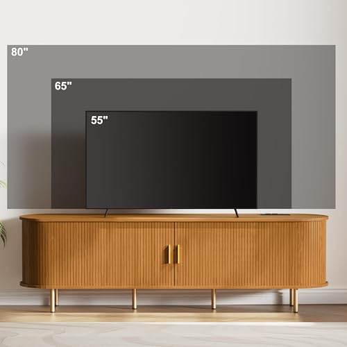DHH 70.8 Inch Mid Century Modern TV Stand with Power Outlet for TVs up to 80 Inch, Entertainment Center with Storage and Adjustable Shelves, Media Console with Sliding Doors for Living Room(Yellow) - color: Yellow Walnut, size: 71 Inch