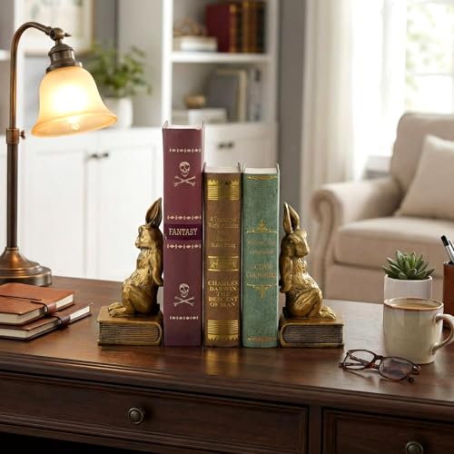 Kathfly Easter Bunny Bookends, Decorative Gold Rabbit Bookends for Shelves Vintage Resin Rabbit Book Ends, Cute Animal Bookend Supports for Home Office, Housewarming Gift, Set of 2 - style: Easter Bunny