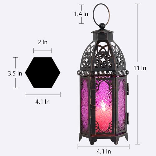 DECORKEY Halloween Lanterns Decorations Indoor & Outdoor, 11’’ Medium Size Vintage Metal Hanging&Tabletop Candle Holder Decor, Christmas Ramadan Decorations for Home Porch Patio (Purple) - color: Purple - 11''h, size: Medium
